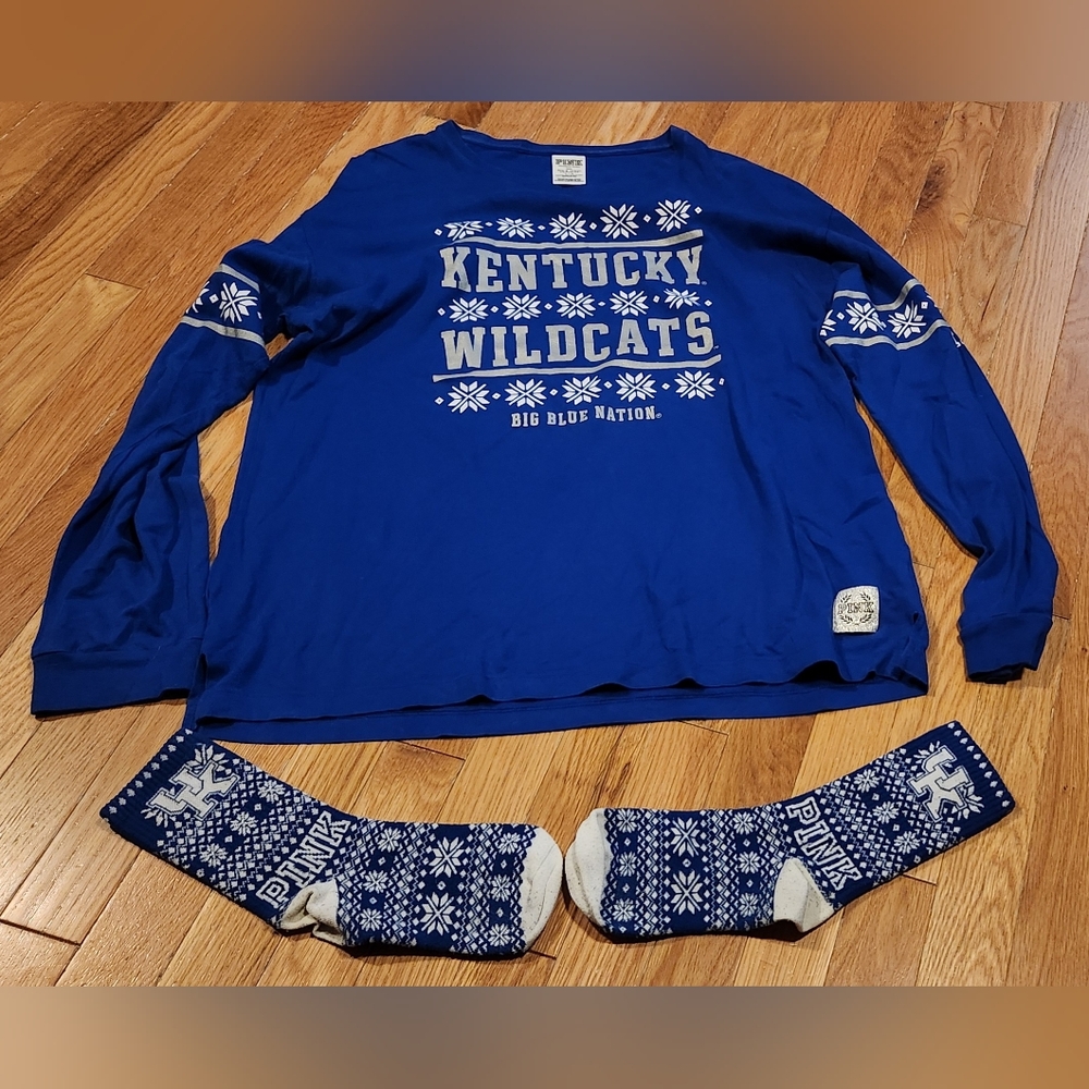 VICTORIA'S SECRET PINK KENTUCKY WILDCATS L/S T-SHIRT & SOCKS NO SEPARATING VTAGE